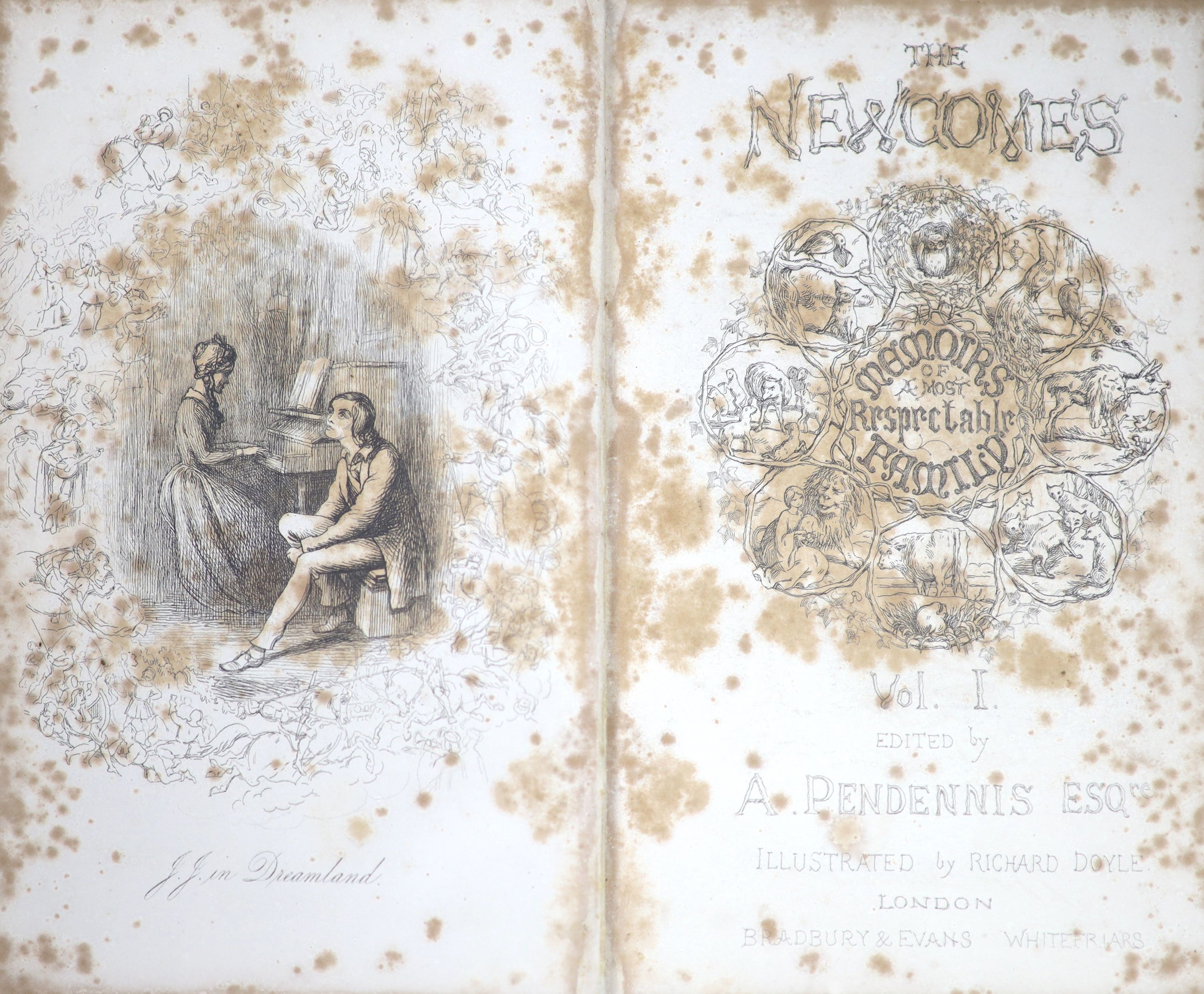 Thackeray, William Makepeace - The Works, 6 vols, 8vo, half red morocco (2) and half calf (4) with marbled boards, early fly leaves, titles and leaves stained, Bradbury and Evans, London, 1849-59